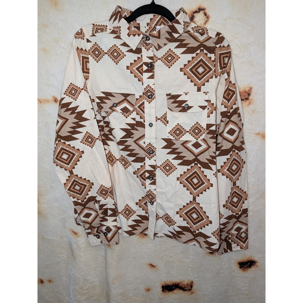 BKE Boyfriend Button Down Shirt Womens Small Brown Southwestern Geometric Aztec